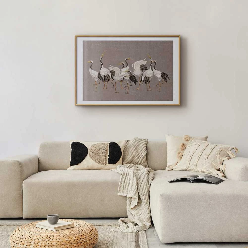 Artgeist Plakatas - Crane Dance - light bird silhouettes on a warm-pilka textured background