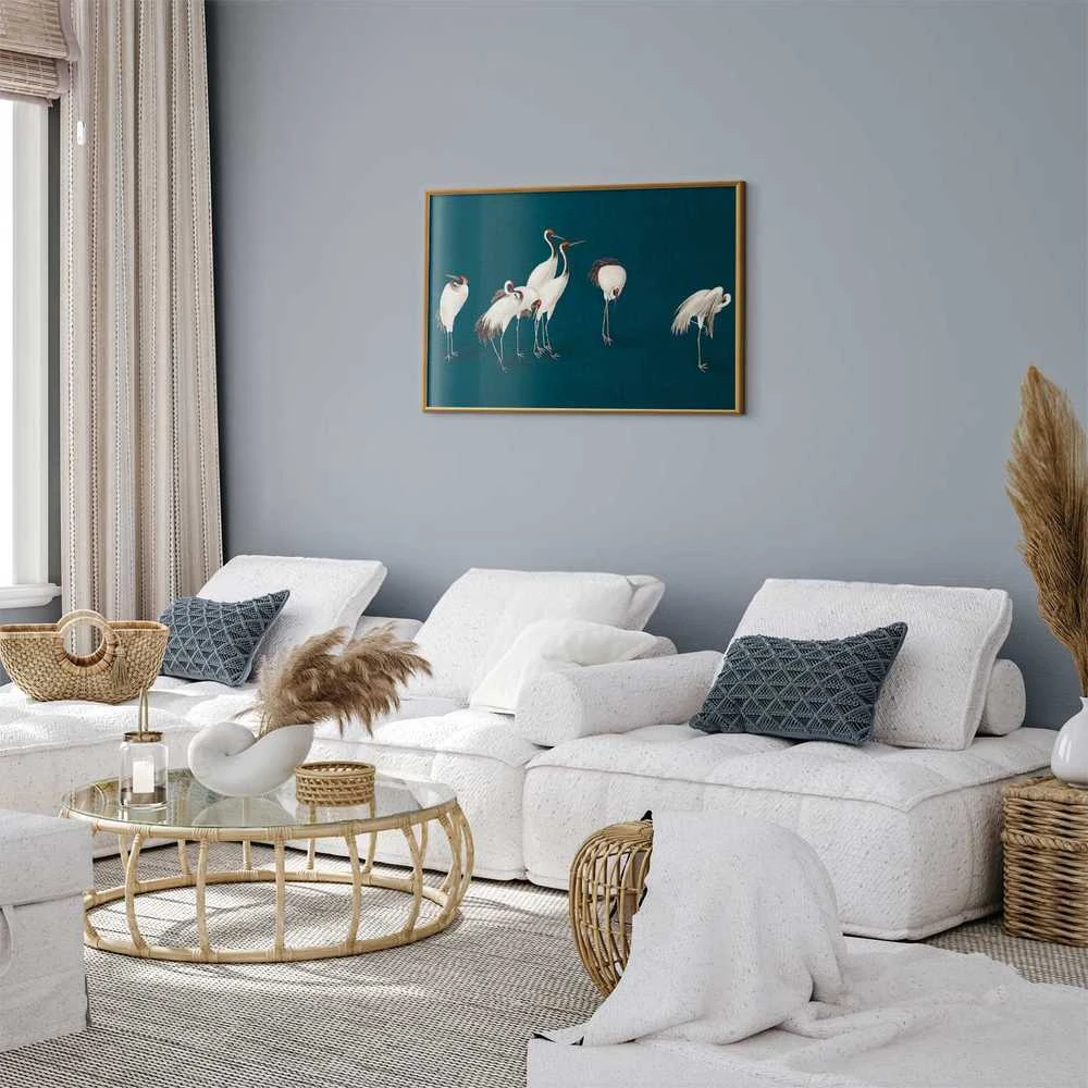 Artgeist Plakatas - Evening at the Pond - group of cranes drawn in dry pastel on a dark turquoise background