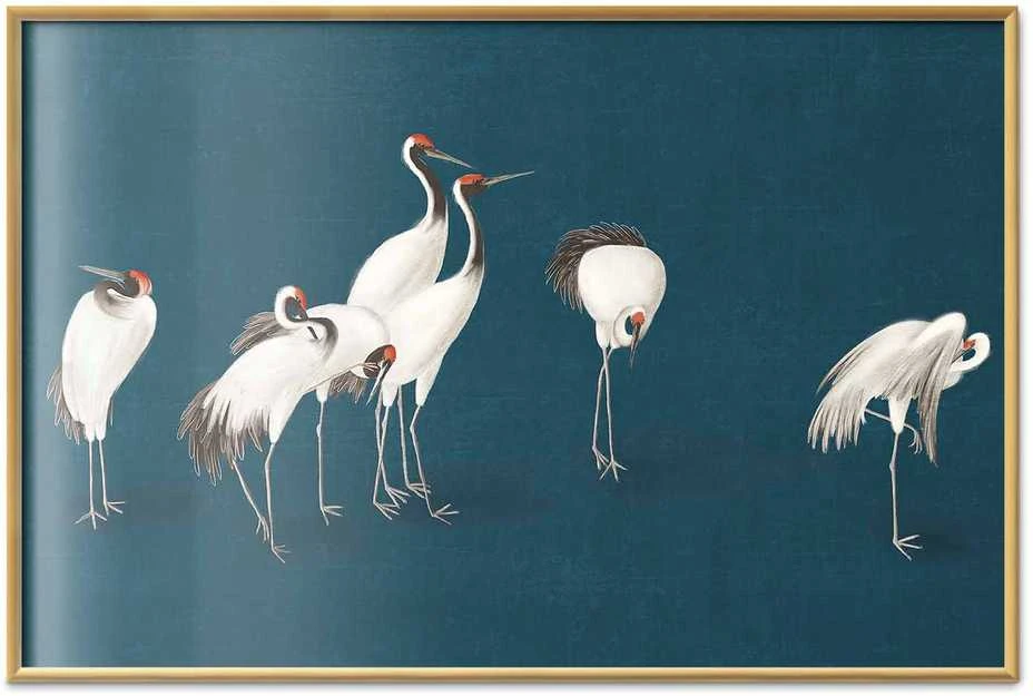 Artgeist Plakatas - Evening at the Pond - group of cranes drawn in dry pastel on a dark turquoise background
