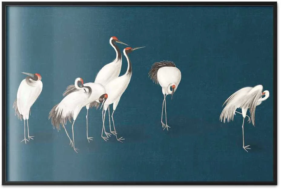 Artgeist Plakatas - Evening at the Pond - group of cranes drawn in dry pastel on a dark turquoise background