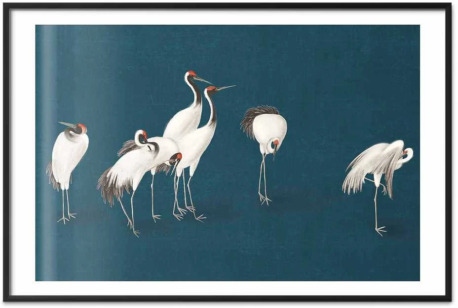 Artgeist Plakatas - Evening at the Pond - group of cranes drawn in dry pastel on a dark turquoise background