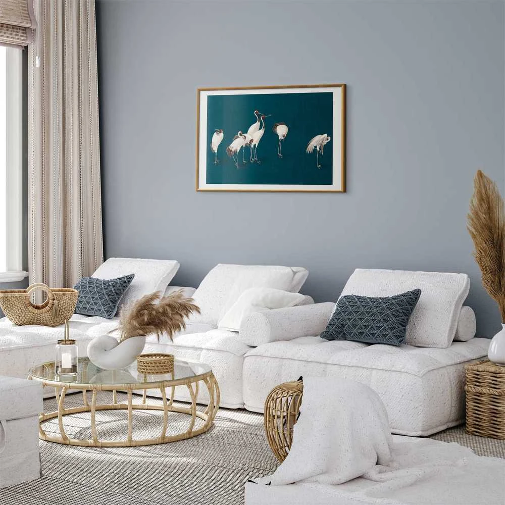 Artgeist Plakatas - Evening at the Pond - group of cranes drawn in dry pastel on a dark turquoise background