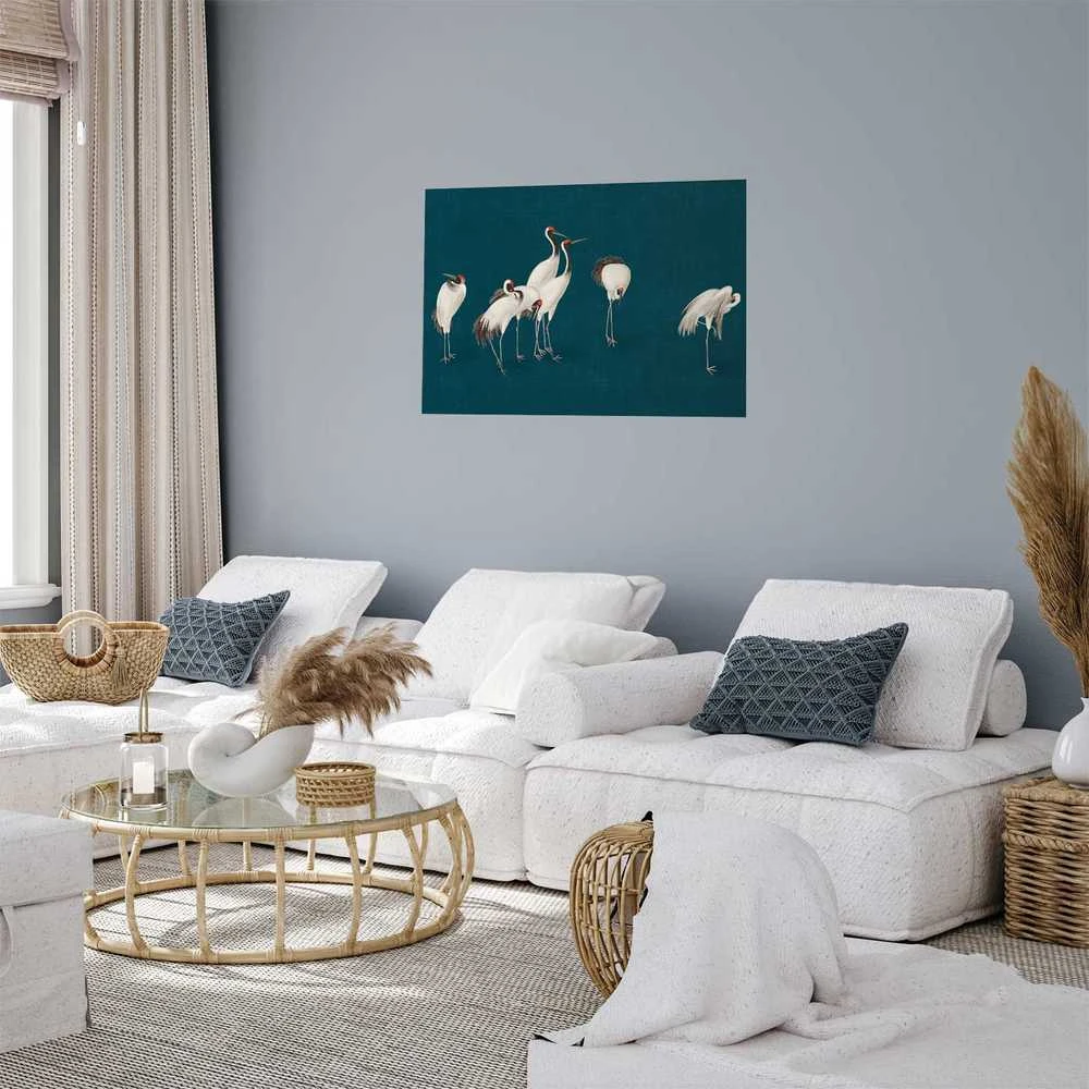 Artgeist Plakatas - Evening at the Pond - group of cranes drawn in dry pastel on a dark turquoise background