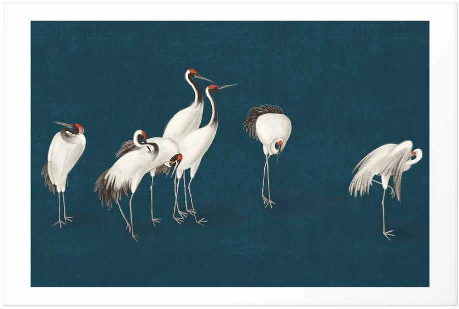 Artgeist Plakatas - Evening at the Pond - group of cranes drawn in dry pastel on a dark turquoise background