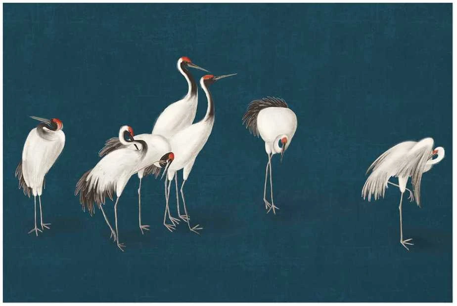 Artgeist Plakatas - Evening at the Pond - group of cranes drawn in dry pastel on a dark turquoise background