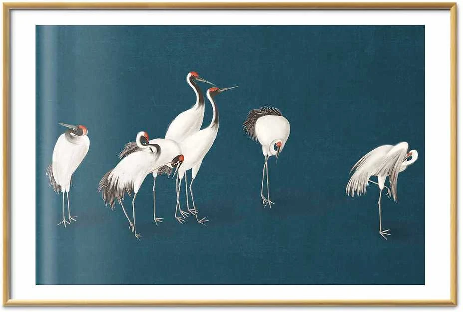 Artgeist Plakatas - Evening at the Pond - group of cranes drawn in dry pastel on a dark turquoise background