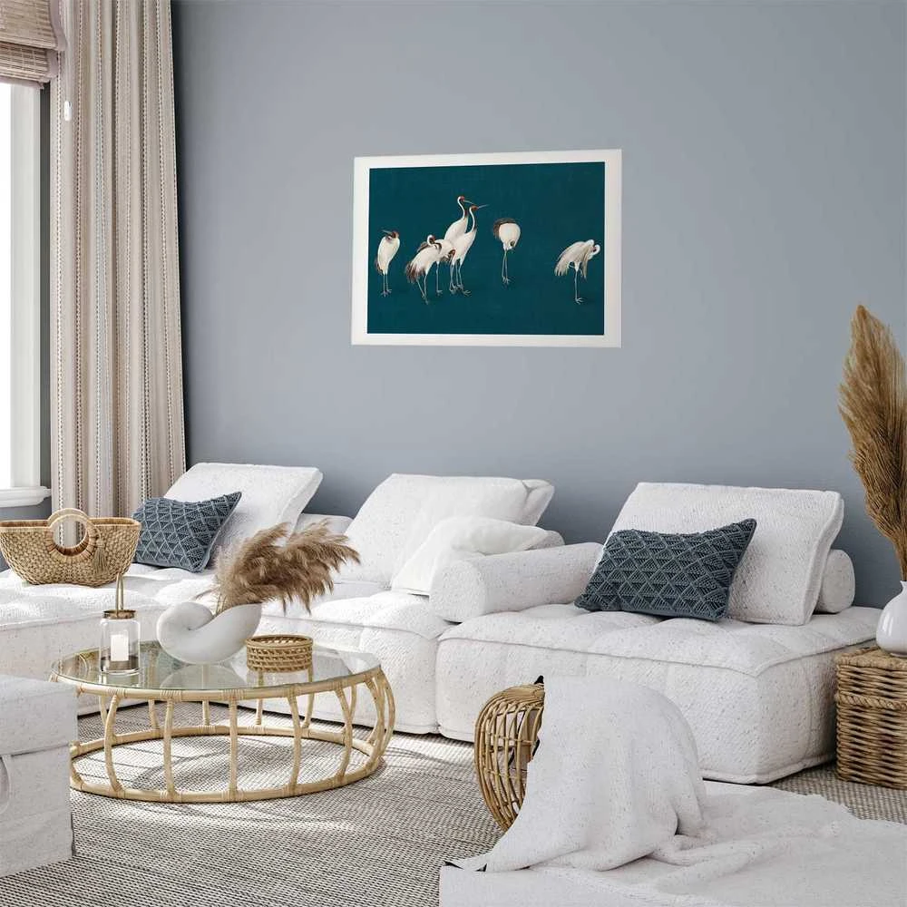 Artgeist Plakatas - Evening at the Pond - group of cranes drawn in dry pastel on a dark turquoise background