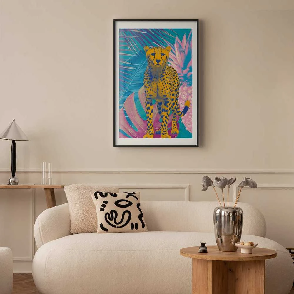Artgeist Plakatas - Exotic Leopard - colorful portrait of a cheetah against tropical leaves