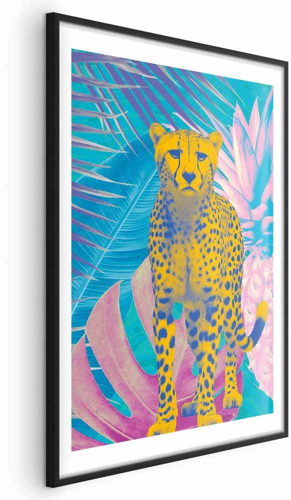 Artgeist Plakatas - Exotic Leopard - colorful portrait of a cheetah against tropical leaves