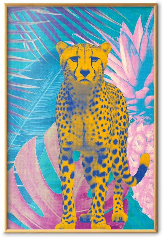 Artgeist Plakatas - Exotic Leopard - colorful portrait of a cheetah against tropical leaves