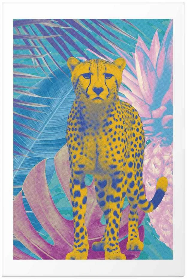 Artgeist Plakatas - Exotic Leopard - colorful portrait of a cheetah against tropical leaves