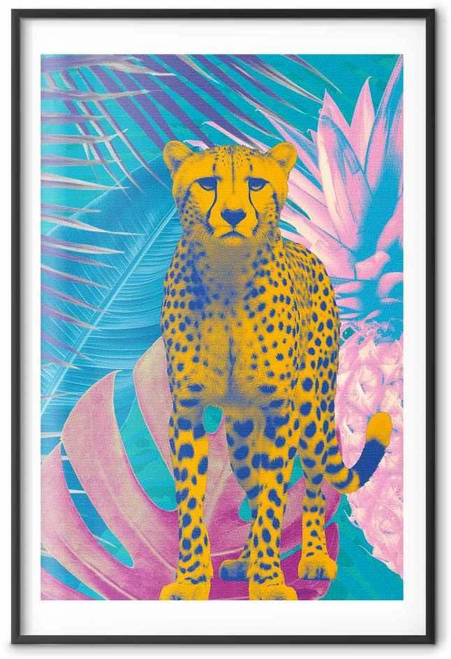 Artgeist Plakatas - Exotic Leopard - colorful portrait of a cheetah against tropical leaves