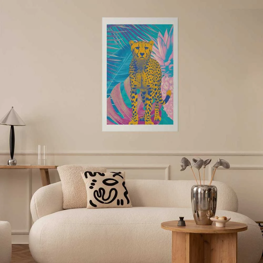 Artgeist Plakatas - Exotic Leopard - colorful portrait of a cheetah against tropical leaves