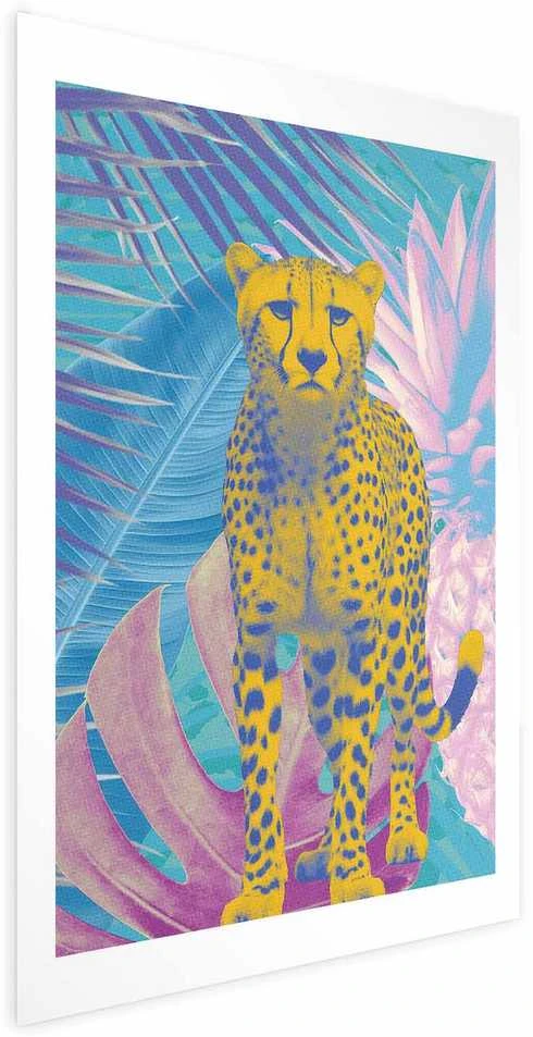 Artgeist Plakatas - Exotic Leopard - colorful portrait of a cheetah against tropical leaves