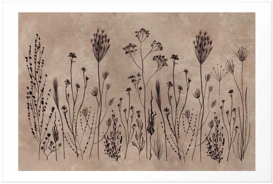 Artgeist Plakatas - Field Flowers - juodas plants on a lime wash background