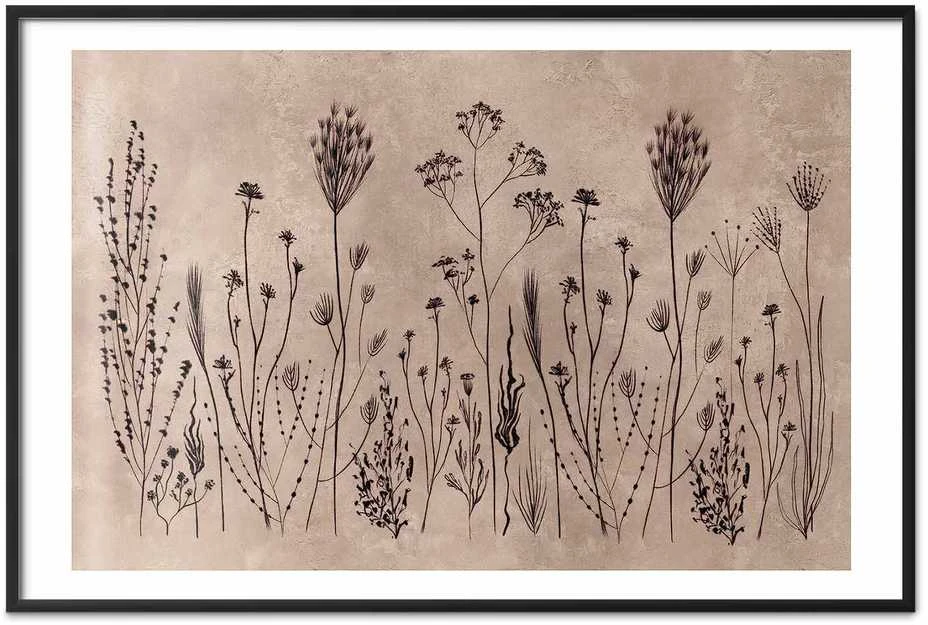 Artgeist Plakatas - Field Flowers - juodas plants on a lime wash background