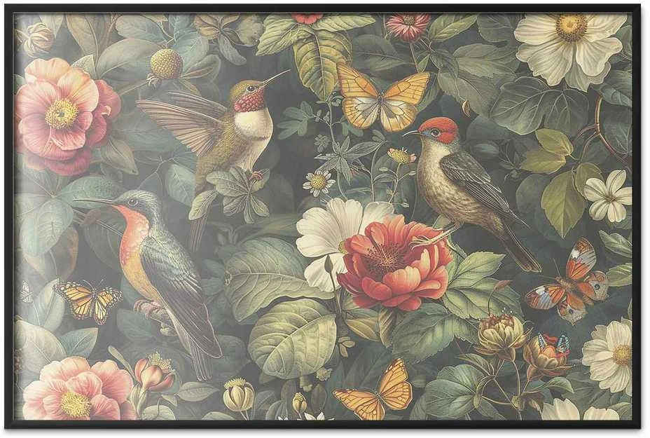 Artgeist Plakatas - Flowers, Birds, and Butterflies - vintage-style illustration