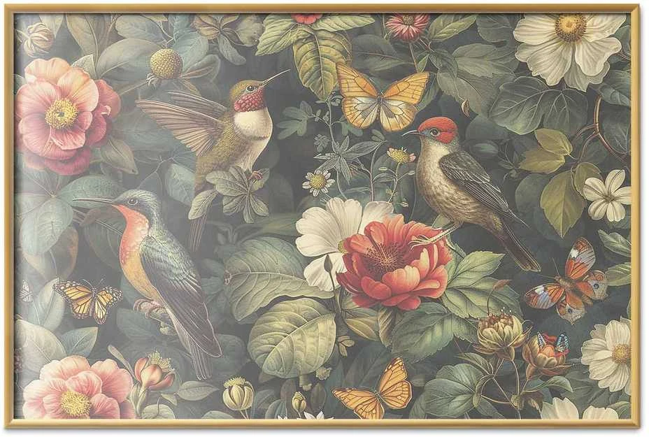 Artgeist Plakatas - Flowers, Birds, and Butterflies - vintage-style illustration