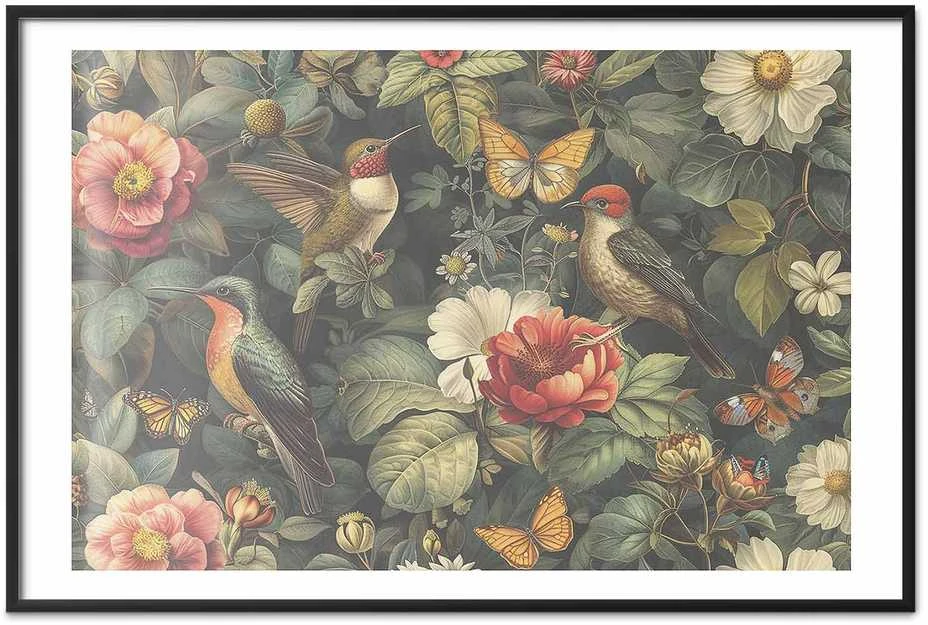 Artgeist Plakatas - Flowers, Birds, and Butterflies - vintage-style illustration