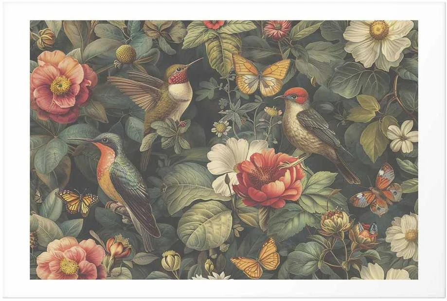 Artgeist Plakatas - Flowers, Birds, and Butterflies - vintage-style illustration