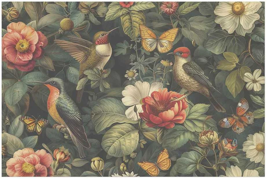 Artgeist Plakatas - Flowers, Birds, and Butterflies - vintage-style illustration