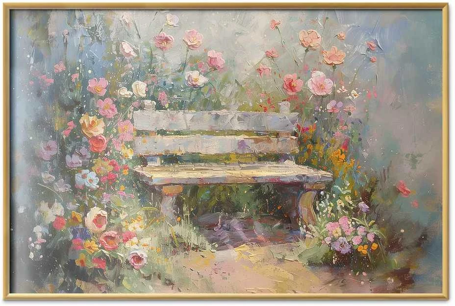 Artgeist Plakatas - Flowery bench - impressionist painting full of flowers