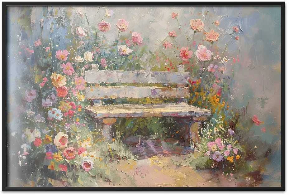 Artgeist Plakatas - Flowery bench - impressionist painting full of flowers