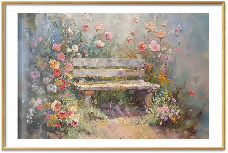 Artgeist Plakatas - Flowery bench - impressionist painting full of flowers