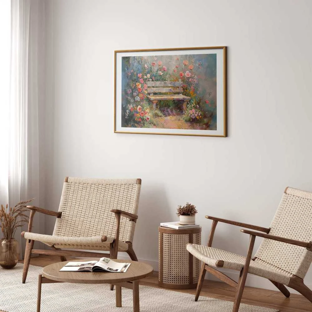 Artgeist Plakatas - Flowery bench - impressionist painting full of flowers