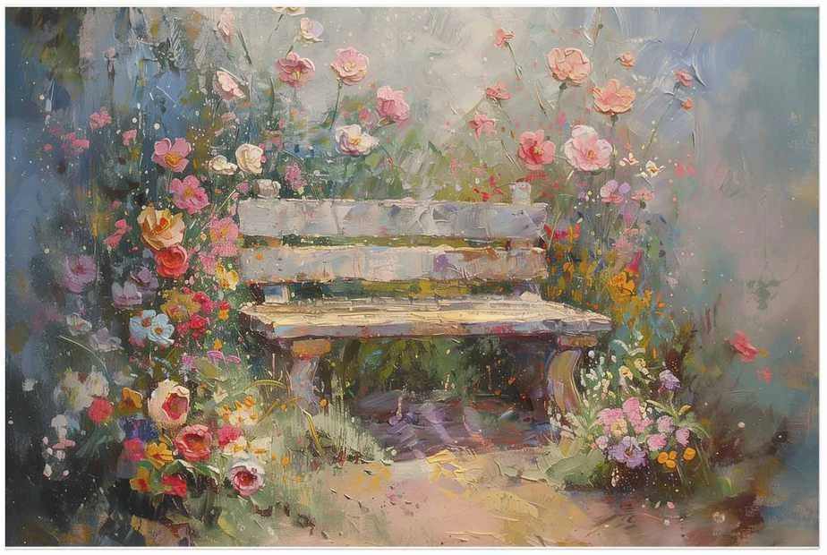 Artgeist Plakatas - Flowery bench - impressionist painting full of flowers