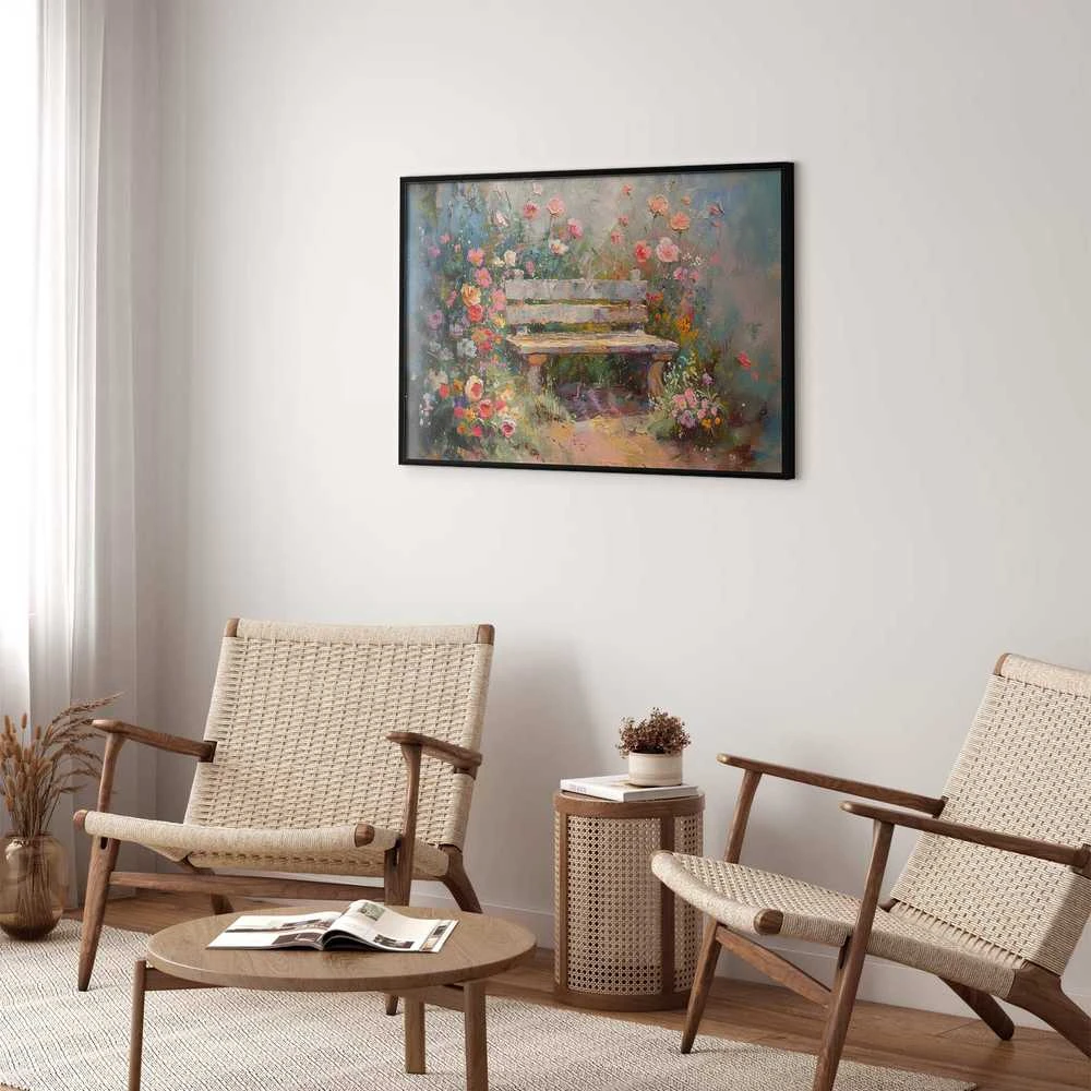 Artgeist Plakatas - Flowery bench - impressionist painting full of flowers