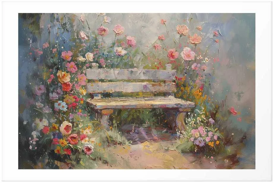 Artgeist Plakatas - Flowery bench - impressionist painting full of flowers