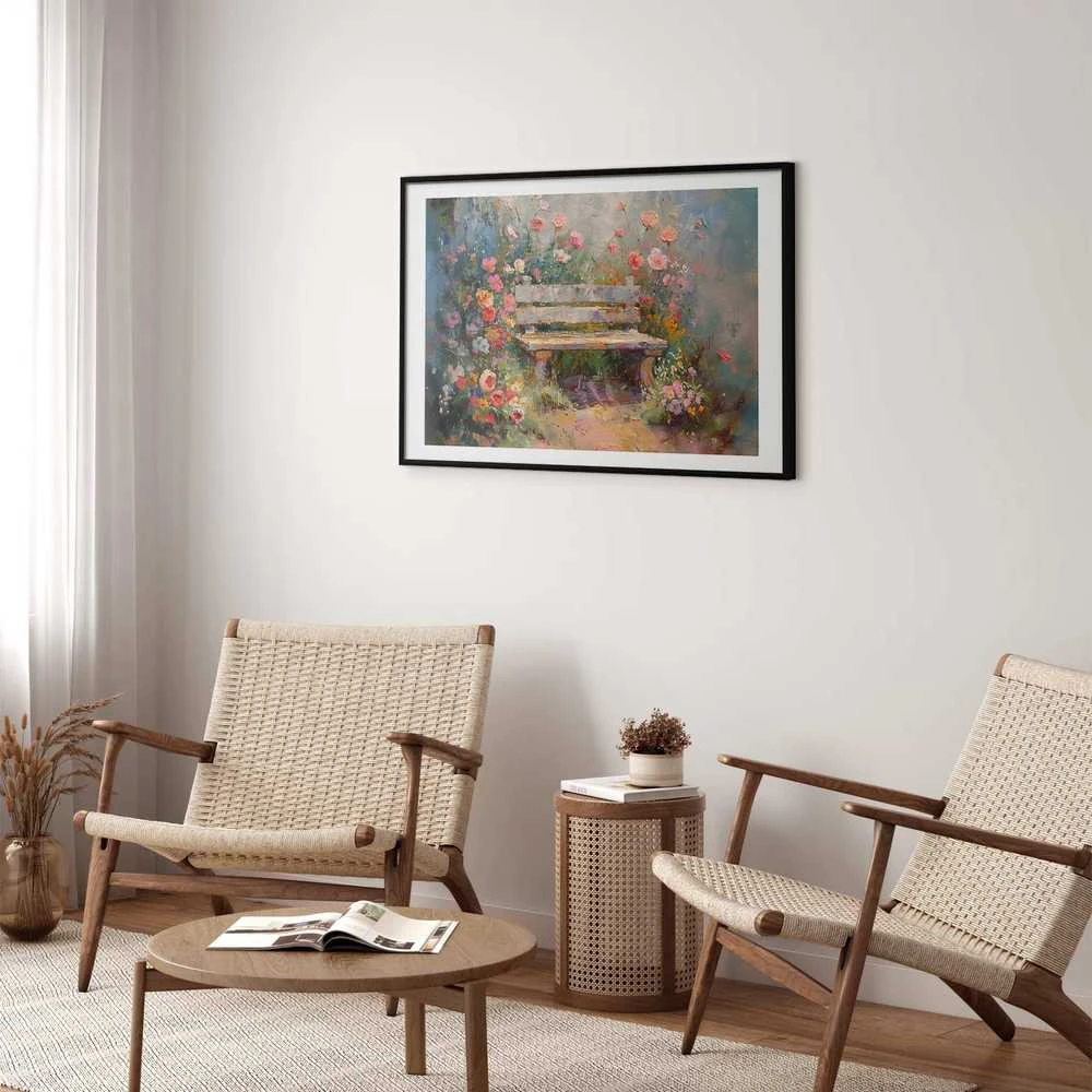 Artgeist Plakatas - Flowery bench - impressionist painting full of flowers