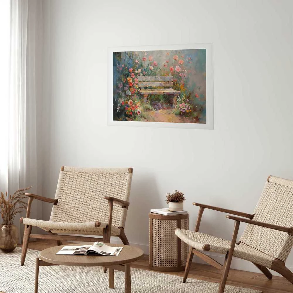 Artgeist Plakatas - Flowery bench - impressionist painting full of flowers