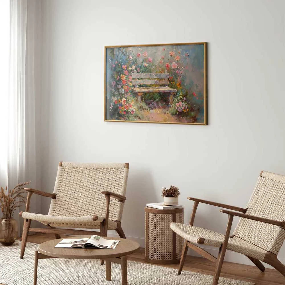 Artgeist Plakatas - Flowery bench - impressionist painting full of flowers