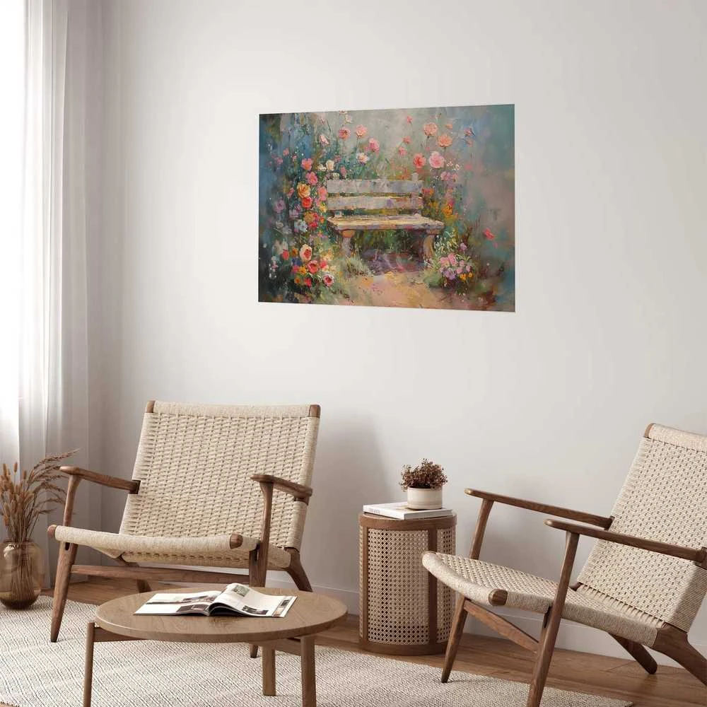 Artgeist Plakatas - Flowery bench - impressionist painting full of flowers