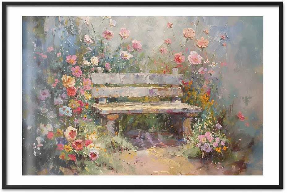 Artgeist Plakatas - Flowery bench - impressionist painting full of flowers