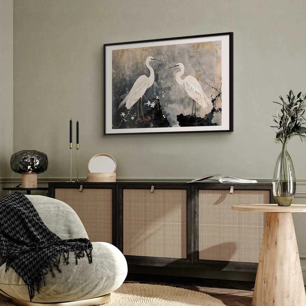 Artgeist Plakatas - Herons and Cherry Blossom - oriental-style illustration depicting birds
