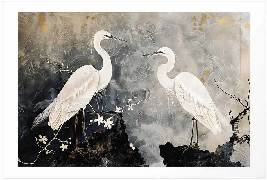 Artgeist Plakatas - Herons and Cherry Blossom - oriental-style illustration depicting birds