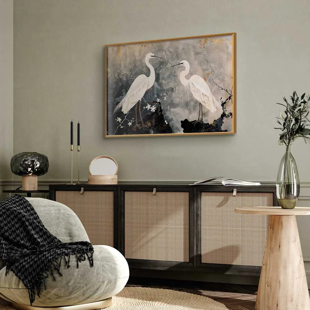 Artgeist Plakatas - Herons and Cherry Blossom - oriental-style illustration depicting birds