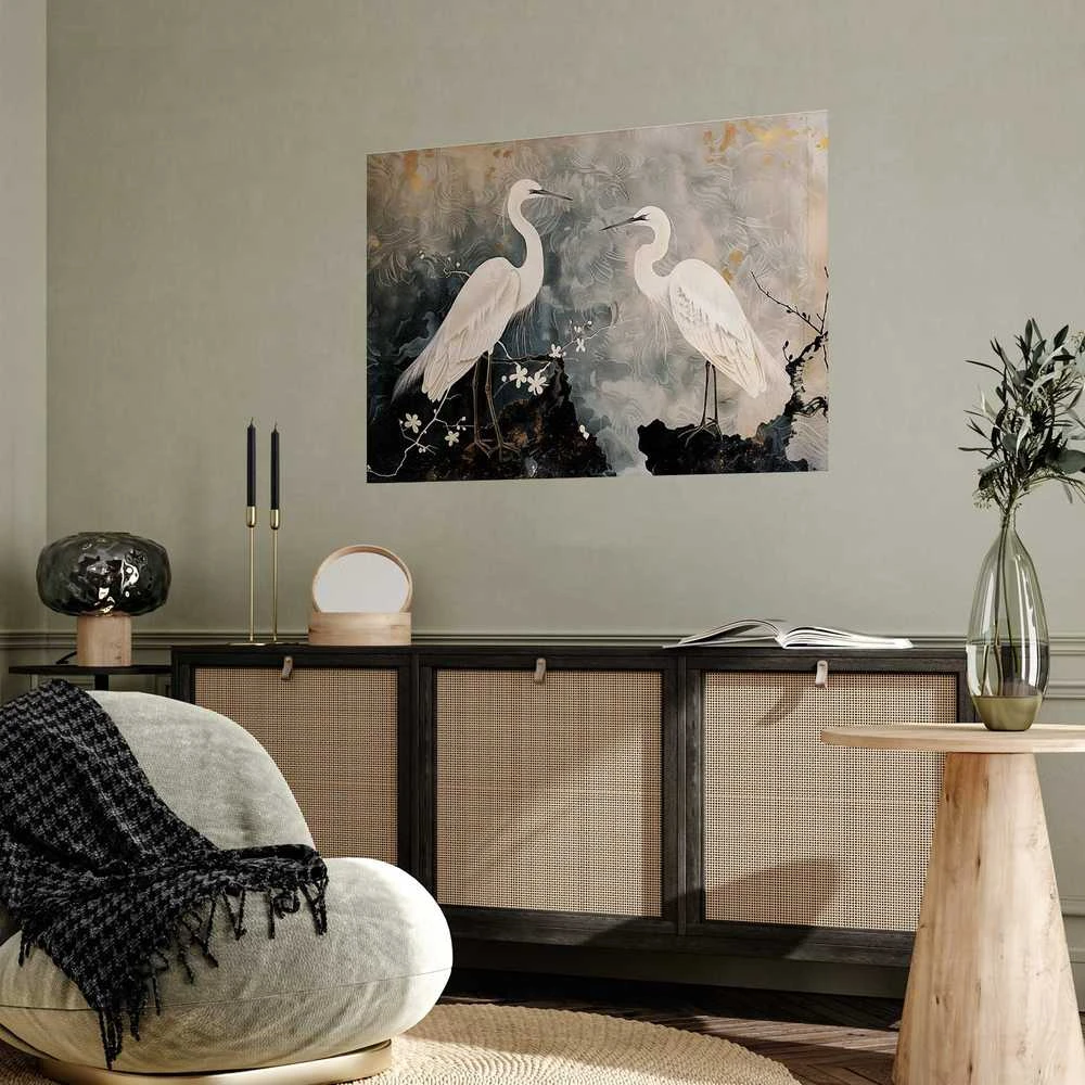 Artgeist Plakatas - Herons and Cherry Blossom - oriental-style illustration depicting birds
