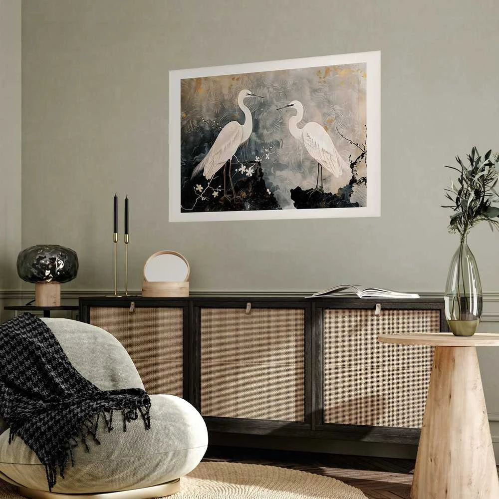 Artgeist Plakatas - Herons and Cherry Blossom - oriental-style illustration depicting birds