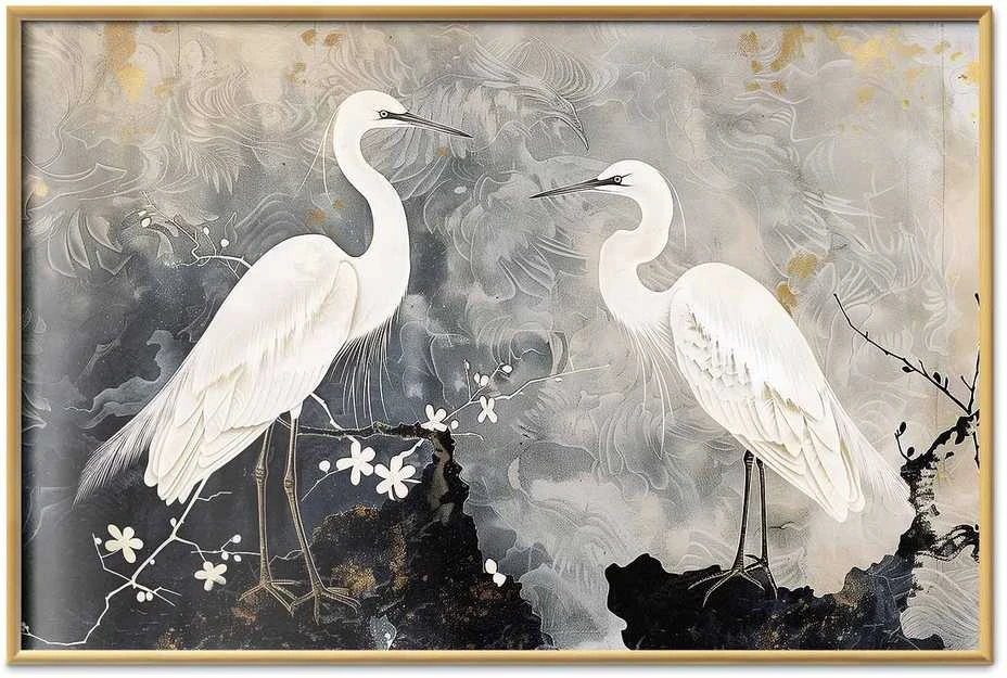 Artgeist Plakatas - Herons and Cherry Blossom - oriental-style illustration depicting birds