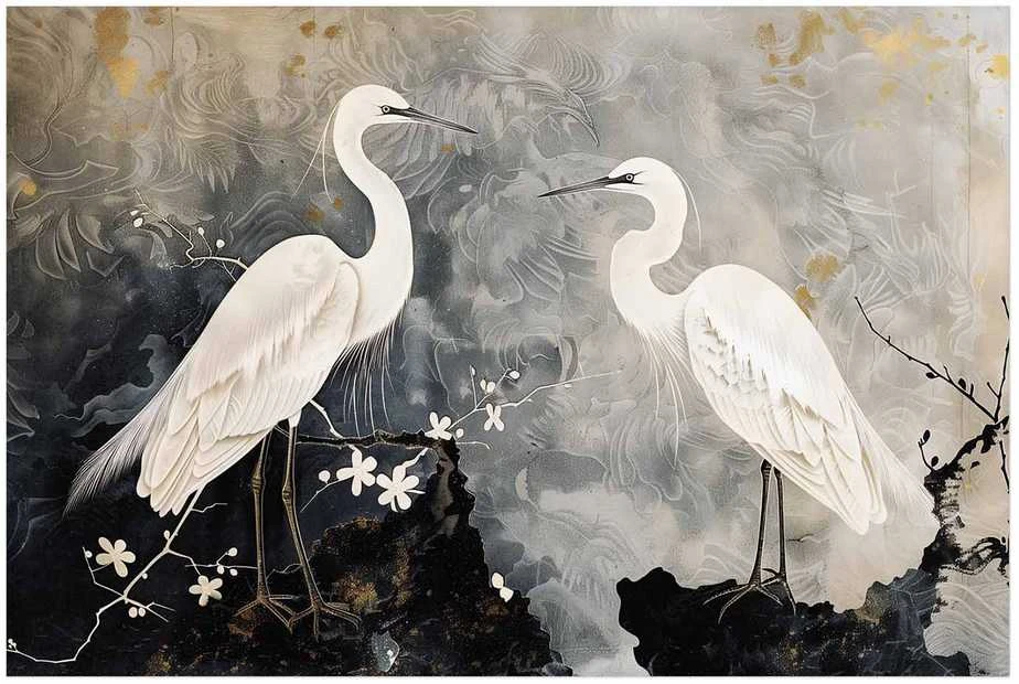 Artgeist Plakatas - Herons and Cherry Blossom - oriental-style illustration depicting birds