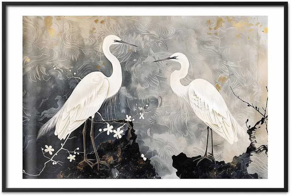 Artgeist Plakatas - Herons and Cherry Blossom - oriental-style illustration depicting birds