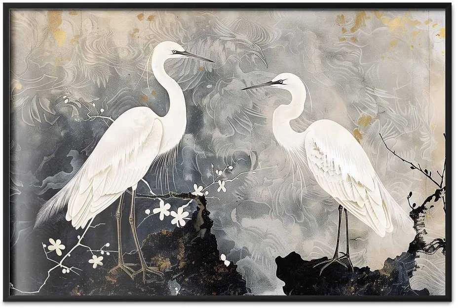 Artgeist Plakatas - Herons and Cherry Blossom - oriental-style illustration depicting birds