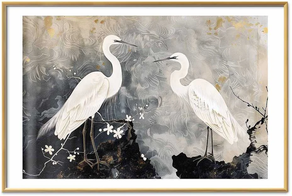 Artgeist Plakatas - Herons and Cherry Blossom - oriental-style illustration depicting birds