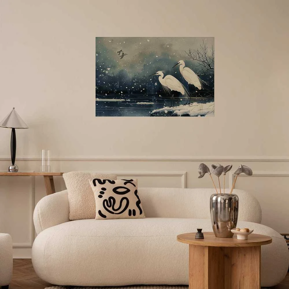 Artgeist Plakatas - Herons over a Winter Pond - illustration in the Japanese style in dark colors