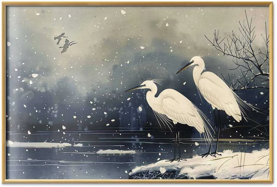 Artgeist Plakatas - Herons over a Winter Pond - illustration in the Japanese style in dark colors