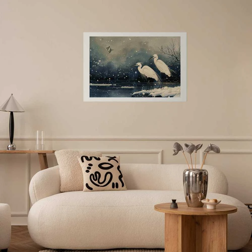Artgeist Plakatas - Herons over a Winter Pond - illustration in the Japanese style in dark colors